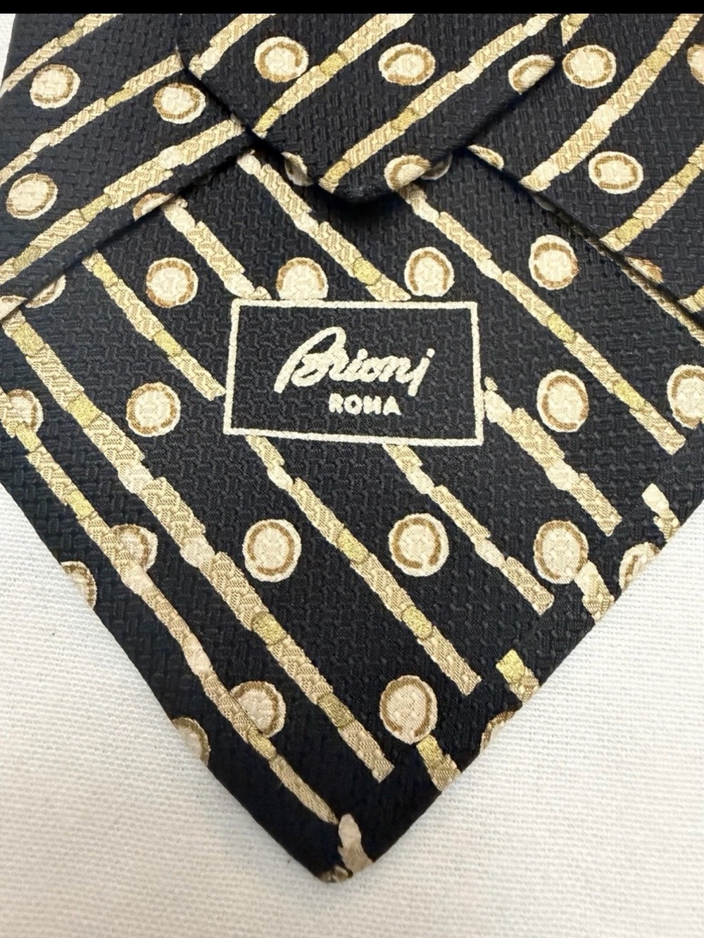 Brioni Roma Seta Silk Tie ~ Black Gold Geometric Dot Stripe | Handmade in Italy
